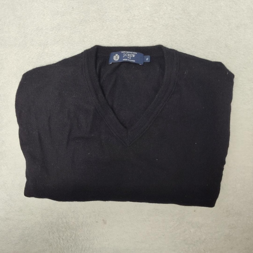 J.CREW Sweater Mens L Black V-Neck Pullover Merino Wool Tight-Knit Lightweight